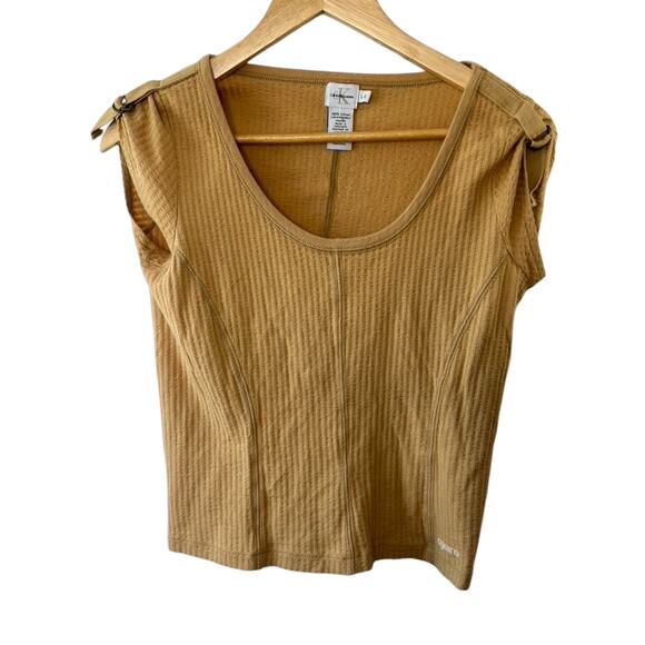 Calvin Klein Y2K Tan Cap Sleeve Ribbed Scoop Neck Top Sz Large Buckle Sleeves - Picture 3 of 10